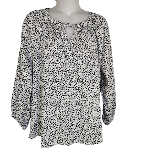 Loft Womens Top Small Floral Long Sleeve Black White Lightweight Tie Keyhole - Picture 1 of 9